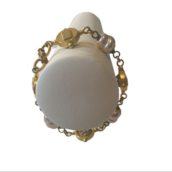 Linda Levinson Vintage & Signed Yellow Gold Tone & Faux Pearl Tennis Bracelet. - Picture 7 of 8